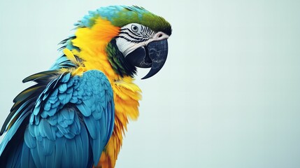 Fototapeta premium A vibrant macaw parrot perched gracefully, its brilliant blue and yellow feathers glowing under soft lighting, with every detail of its wings and beak sharp against a clean, light grey background. 