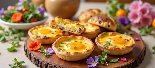 Delicious egg tarts on wooden platter with fresh salad and colorful flowers