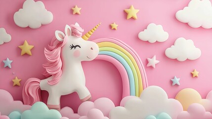 Pink Unicorn Rainbow Clouds Stars Cute Fantasy Art
