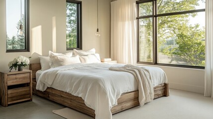 A serene bedroom with large windows