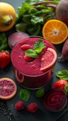 Healthy detox beetroot, carrot, apple and lemon juice smoothie in glass on wooden table