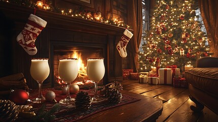 Clinking eggnog glasses by a roaring fireplace, stockings hanging on the mantle and a glowing Christmas tree in the corner, Canon-shot realism highlighting frothy details and warm lighting,