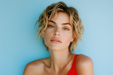 Obraz premium A woman with short, wavy hair poses elegantly in a sleeveless red attire, highlighting her fresh look and serene expression in front of a vibrant blue backdrop, conveying a sense of ease.