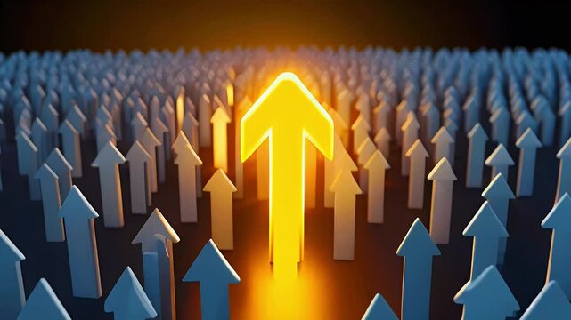 A glowing yellow arrow stands out among many white arrows, symbolizing direction and focus.
