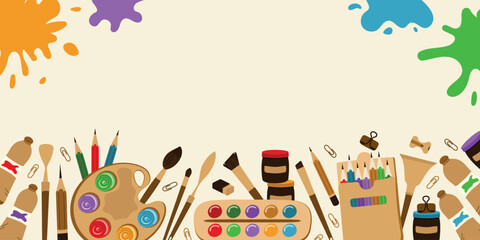 A banner with art supplies, creative accessories, various drawing tools and free space for your text. Vector illustration .