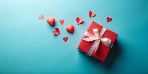 Romantic Valentine's Day Portrait with Red Gift Box, Flying Hearts, and Greeting Card on a Blue Background - Perfect for Celebrating Love and Special Moments