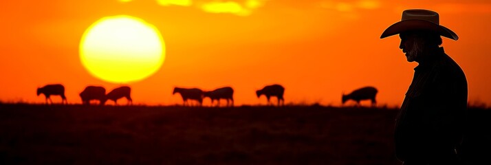 Naklejka premium Silhouetted Cowboy and Horses at Sunset A Serene Scene of Rural Life and Tranquility on the Farm