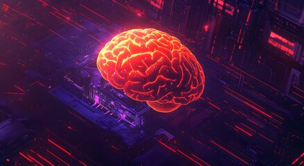 A human brain floating on top of an electronic chip. Artificial intelligence concept with neon lights and details. Which creates a futuristic environment. With technology and machine learning concept.