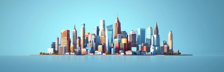 Stylized Cityscape with Skyscrapers and Water Reflection