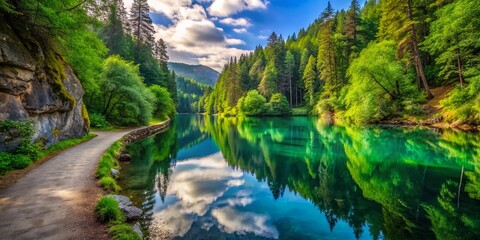 Obraz premium Captivating Long Exposure View of Painted Cove Trail with Serene Water Reflections and Lush Greenery, Ideal for Nature Lovers and Adventure Enthusiasts
