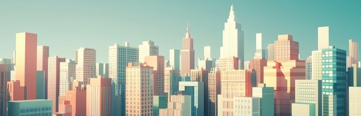 A Stylized Cityscape with Pastel-Colored Buildings and a Clear Sky