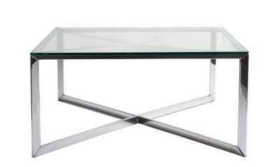 Contemporary Glass Coffee Table with Chrome Metal Frame and Minimalist Cross-Leg Design on Transparent Background, Stylish Furniture for Modern Living Spaces