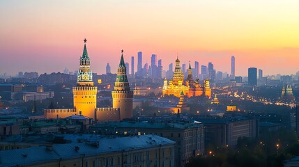 Obraz premium Moscow skyline at sunset with Kremlin towers.