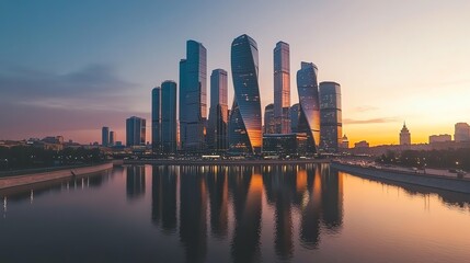 Fototapeta premium Moscow skyline with skyscrapers at sunset.