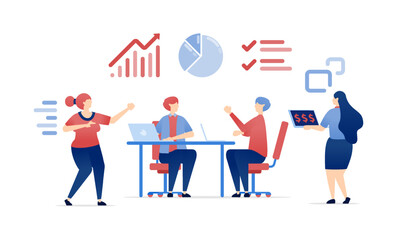 vector illustration of People Debating and Discussing the Company’s Performance Based on Graphs and Strategic Planning to Ensure Corporate Growth, Achievement, and Future Success