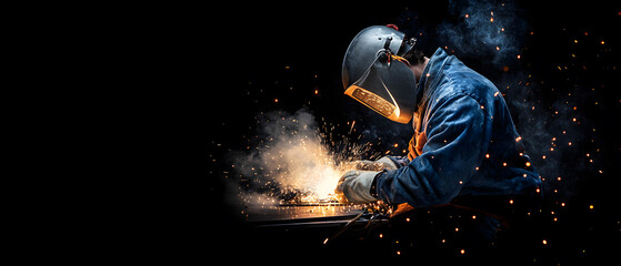 worker while doing a welding with arc welder welding or welding Sparks for background, Backdrop and manufacturing.