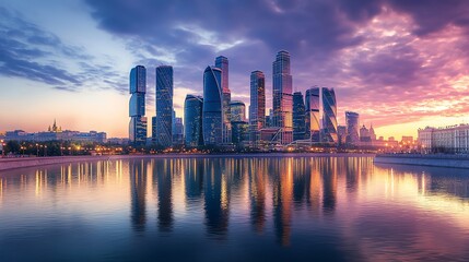 Obraz premium Moscow skyline at dusk with a beautiful sunset.