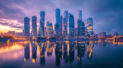Naklejka premium Moscow skyline with skyscrapers at sunset.