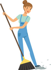 Fototapeta premium A woman is sweeping the floor with a broom