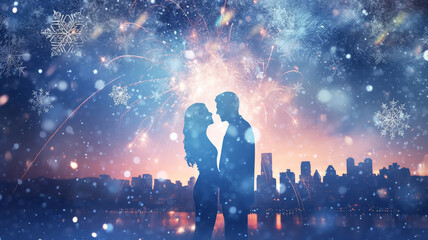 Naklejka premium silhouette of a couple in love on the background of Christmas fireworks, abstract blurred background snowflakes winter holiday, newlyweds copy space blank