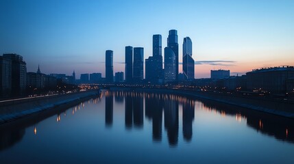 Obraz premium Moscow skyline at dusk with a beautiful sunset.