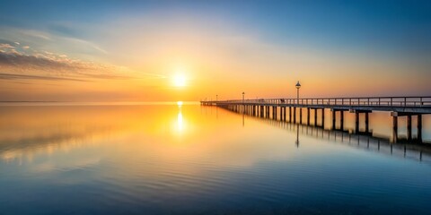 Naklejka premium Serene Minimalist Sunrise Over a Fishing Pier with Gentle Waves and Soft Light Reflections, Capturing the Essence of Tranquility and Nature's Beauty