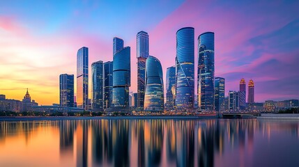 Obraz premium Moscow skyline with skyscrapers at sunset.