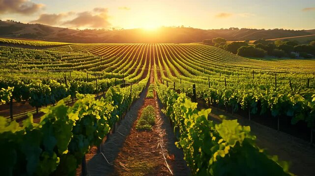 A sprawling vineyard bathed in golden light during sunset, symbolizing harvest and abundance.