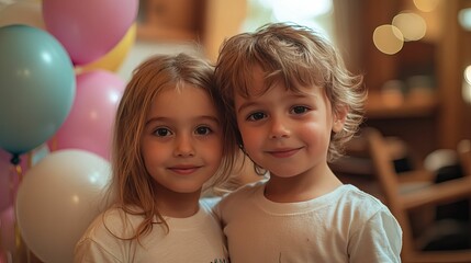 Two Young Children Smile Together Near Balloons