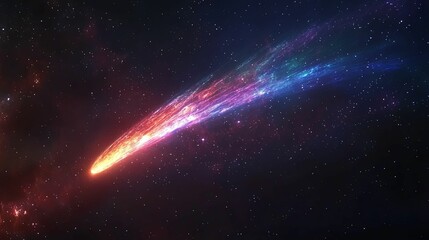 A vibrant comet streaks across the dark cosmic expanse