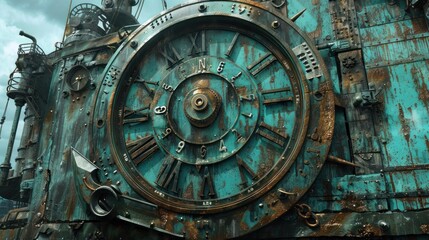 Obraz premium An intricate, rusted clock face with Roman numerals on a weathered metal surface.
