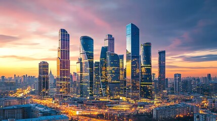 Fototapeta premium Moscow skyline with skyscrapers at sunset.