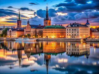 Naklejka premium Captivating Low Light Photography of Riddarholmen: A Stunning View of Historic Architecture and Reflections on Water at Dusk with Atmospheric Lighting and Tranquil Vibes
