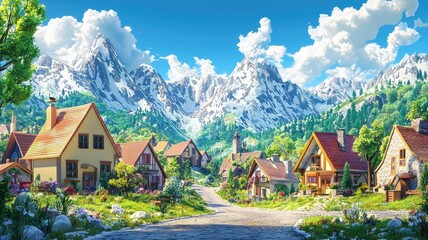 A Picturesque Village Nestled in the Shadow of Majestic Snow-Capped Mountains