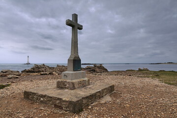 Croix du Vendemiaire Cross, memorial to the 24 men -full crew- of the submarine sunk off The Caskets Rocks, English Channel. Goury-La Hague-France-054