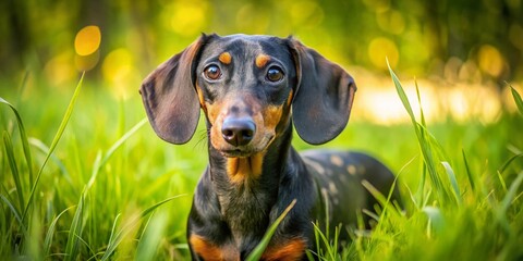 Captivating Macro Photography of a Black and Tan Dapple Dachshund Sniffing Through Lush Green Grass, Showcasing Its Unique Coat Patterns and Playful Nature in a Natural Setting