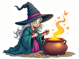 Cute cartoon witch casting a magic spell with her cauldron