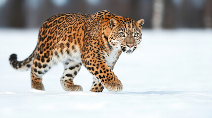 Fototapeta premium Snow leopard prowling across snowy landscape
