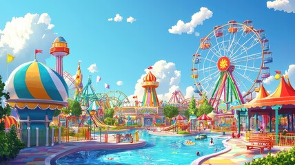 A Colorful Amusement Park with a Pool and Ferris Wheel