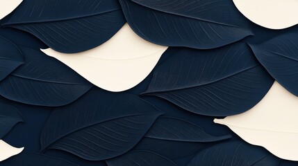 Abstract composition of overlapping dark blue and cream leaves with intricate vein details in a layered pattern.