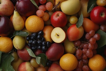 Fresh assortment of fruits displayed with vibrant colors on a light background in a natural setting