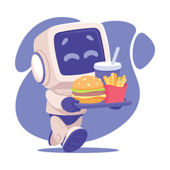 Robot Character Carry Fast Food Tray as Smart Android Assistant Machine Vector Illustration