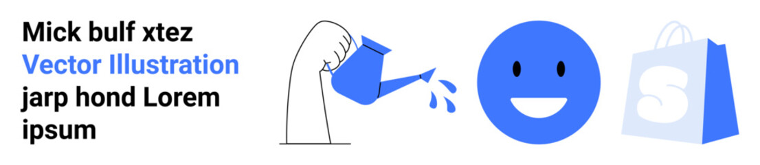 Smile face, blue watering can pouring water, a blue happy face, and a blue shopping bag with white S. Ideal for e-commerce, gardening, social media, branding, and marketing. Landing page