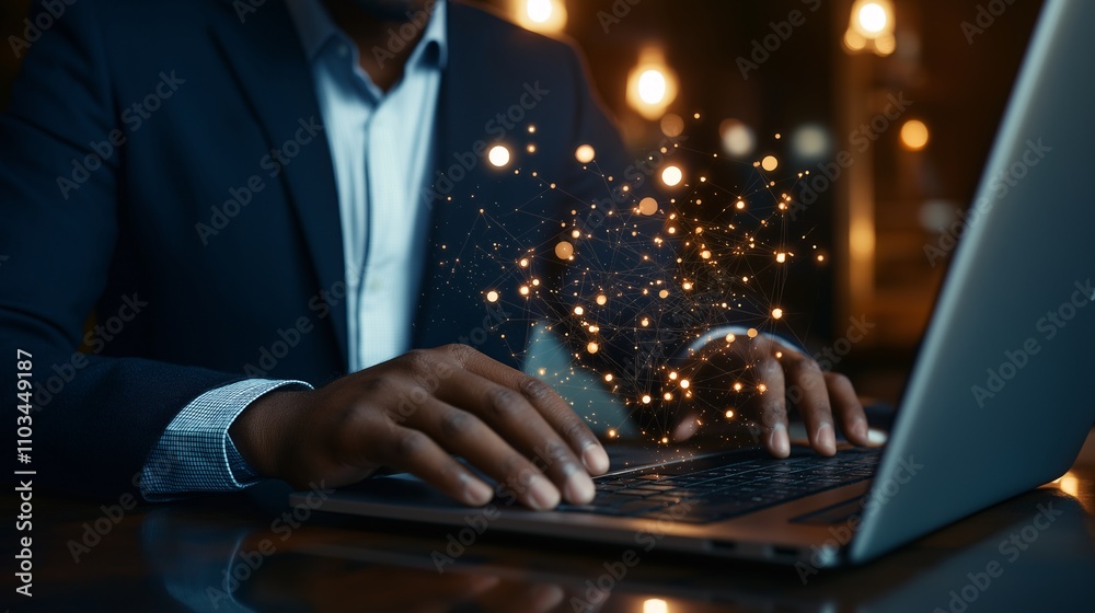 Poster a professional businessman analyzing data on laptop with visualizations of data flow and optimizatio