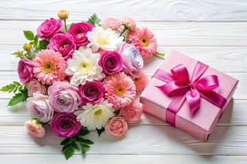 Stunning Aerial View of a Beautiful Bouquet of Roses and Chrysanthemums with a Pink Gift Box on a White Table - Perfect for Holiday, Birthday, Wedding, Mother's Day, and Valentine's Day Celebrations