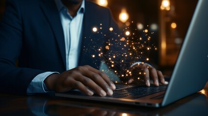 A Professional Businessman Analyzing Data on Laptop with Visualizations of Data Flow and Optimization Concepts for Better Cost Management Strategies