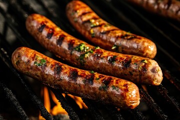 Delightful grilled sausages sizzling on a barbecue grill with flames in the background during summer