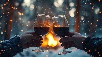 Two hands clinking glasses of mulled wine in a snowy forest, snowflakes falling gently, a crackling fire glowing in the background,