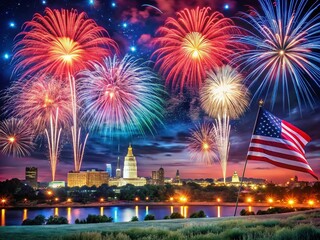 Obraz premium Captivating Night Photography of Fireworks Illuminating the Sky in Celebration of US Independence Day with Vibrant Colors and Spectacular Displays Over Landmarks