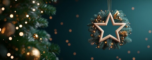 Fototapeta premium Christmas wreath with stars, balls, decor and golden lights hanging against green background. Christmas and New Year celebration. Winter holiday decoration. Greeting card, banner with copy space